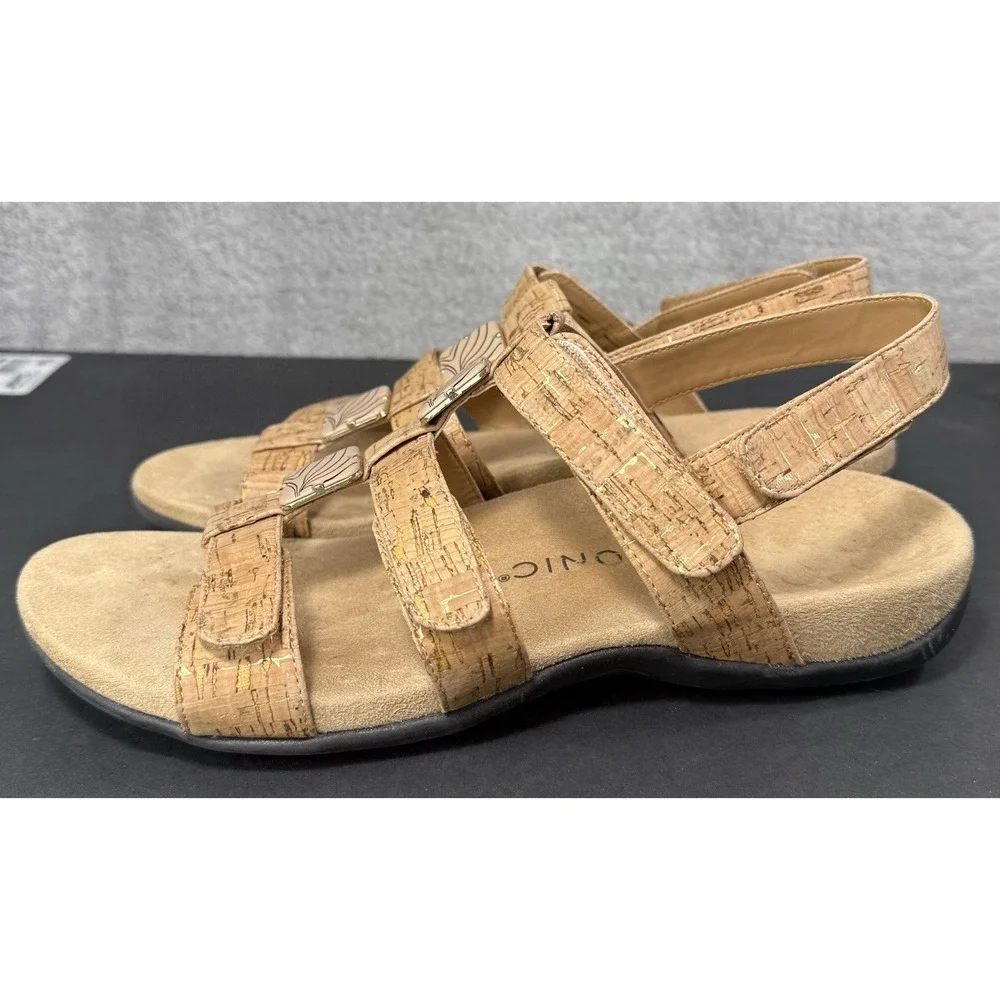 Vionic Amber Adjustable Sandal‎ Women's 10 Cork Gold Flat Arch Support Comfort